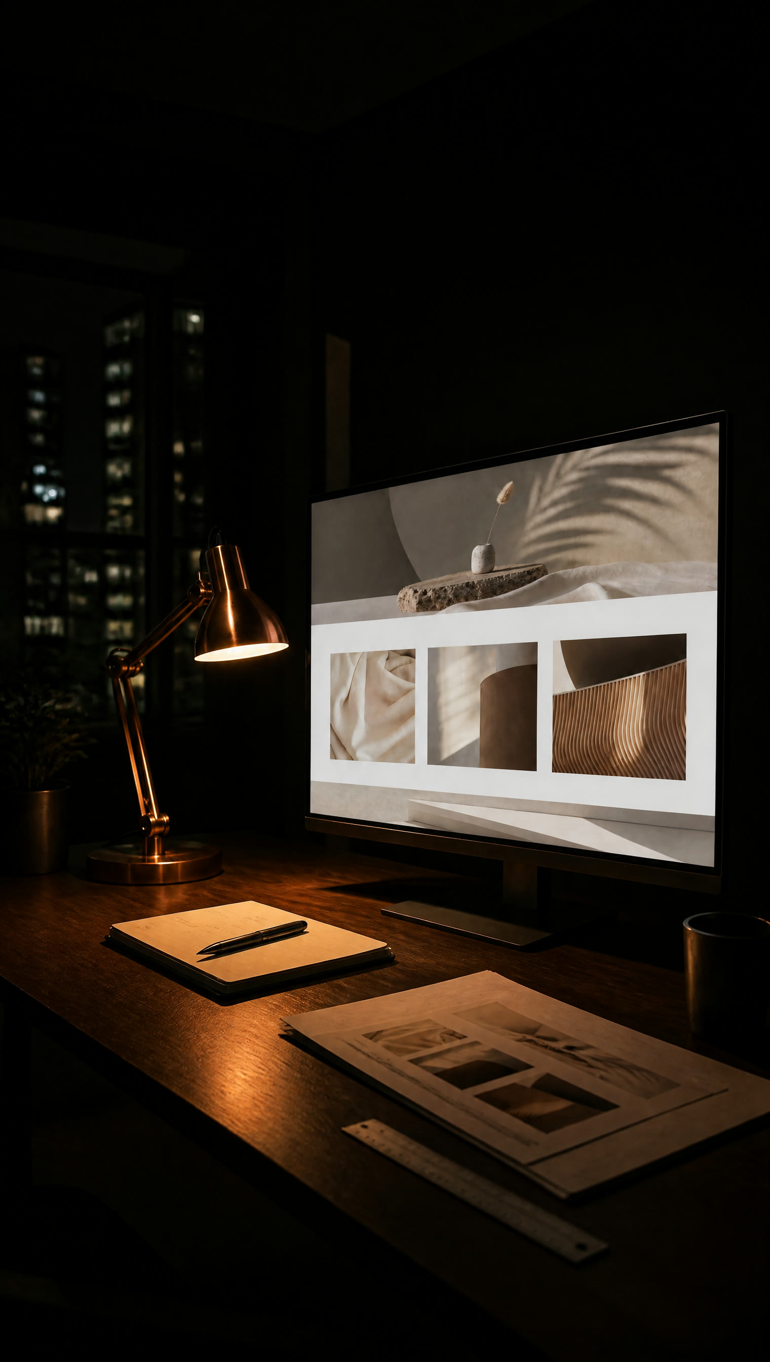 Studio-Schreibtisch bei Nacht mit Monitor, der einen fertigen Website-Entwurf zeigt, Kupferlampe und Layout-Ausdrucken